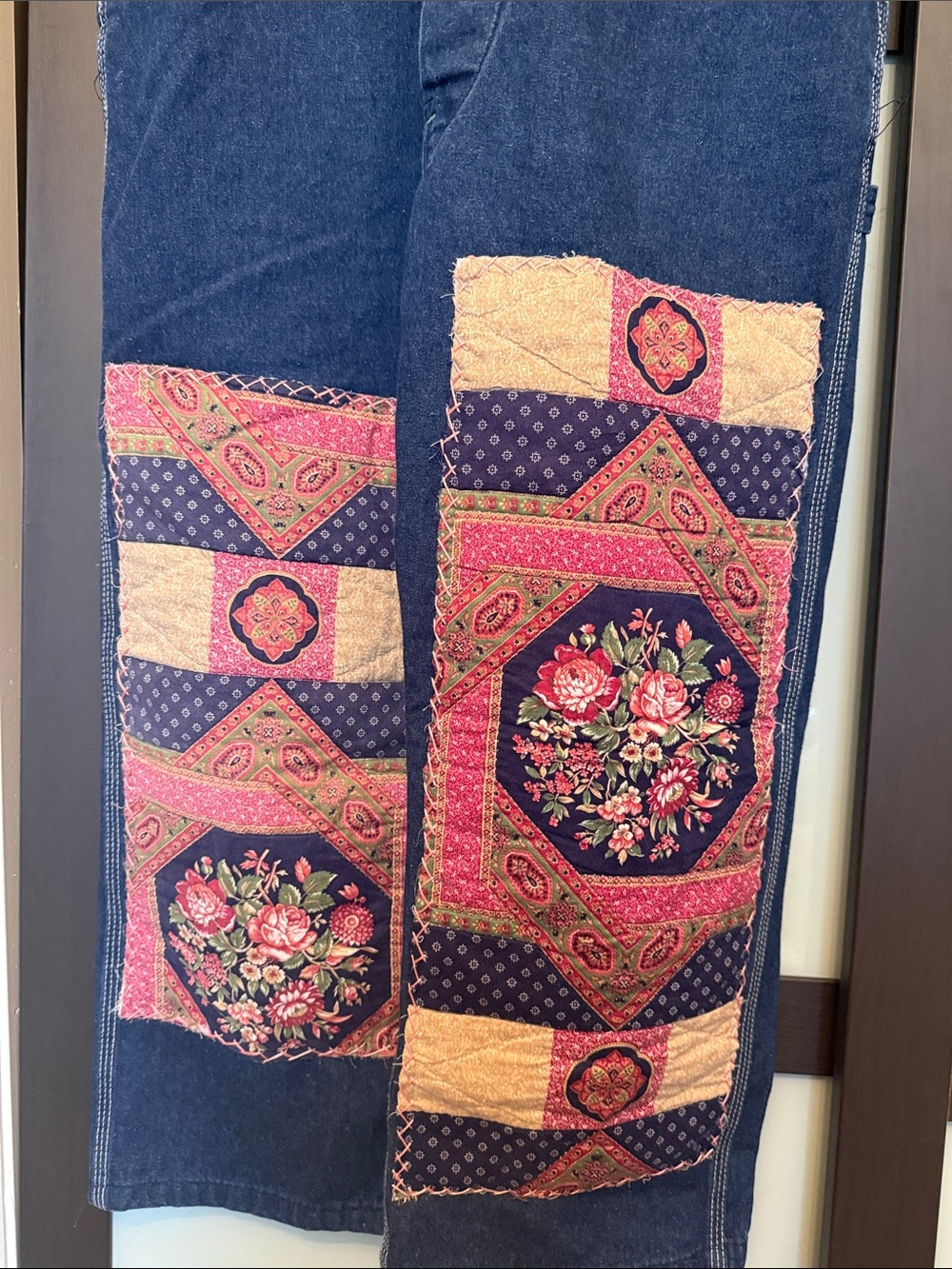 Honeybea Dark Blue Denim Overalls with Patchwork Floral Panels - Picture 3 of 4